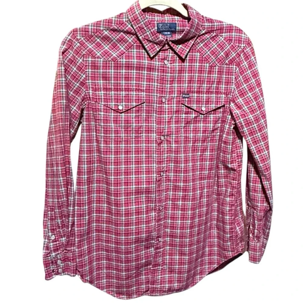 Polo Ralph Lauren Boys‎ Plaid Western Snap Shirt Size L 14 16 Red Green Plaid